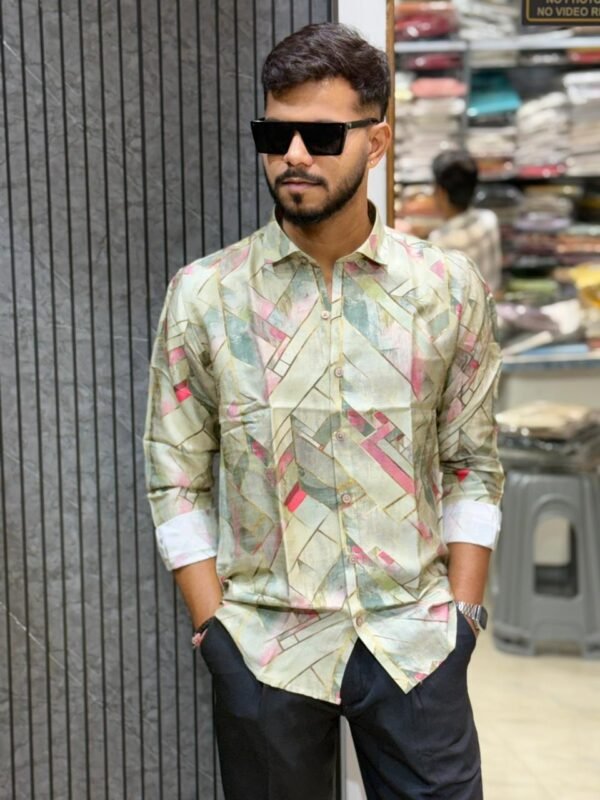 Olive Abstract Geometric Print Slim Fit Shirt