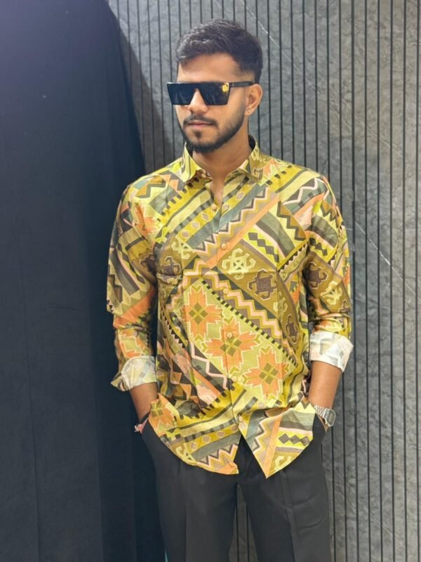 Mustard Geometric Print Slim Fit Shirt
