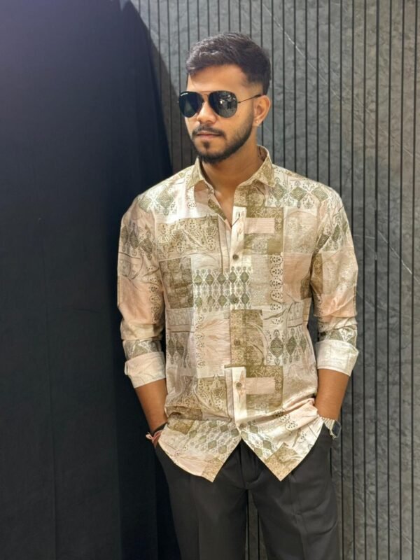 Beige Heritage Print Slim Fit Shirt