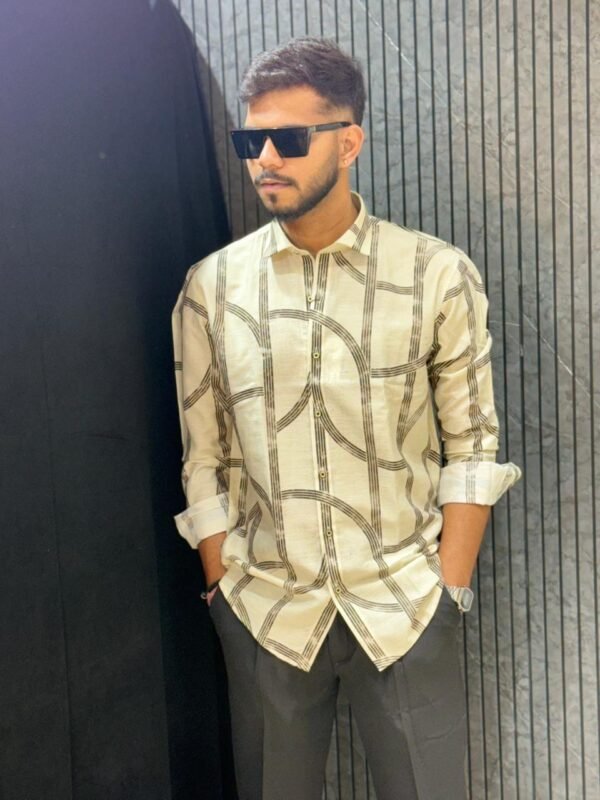 Beige Geometric Line Print Slim Fit Shirt