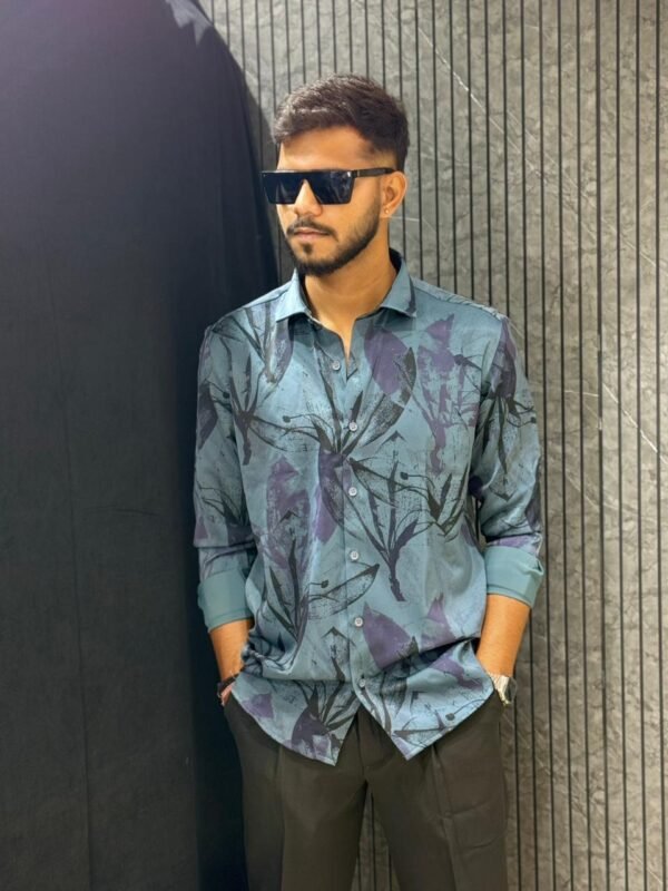 Teal Abstract Botanical Print Slim Fit Shirt
