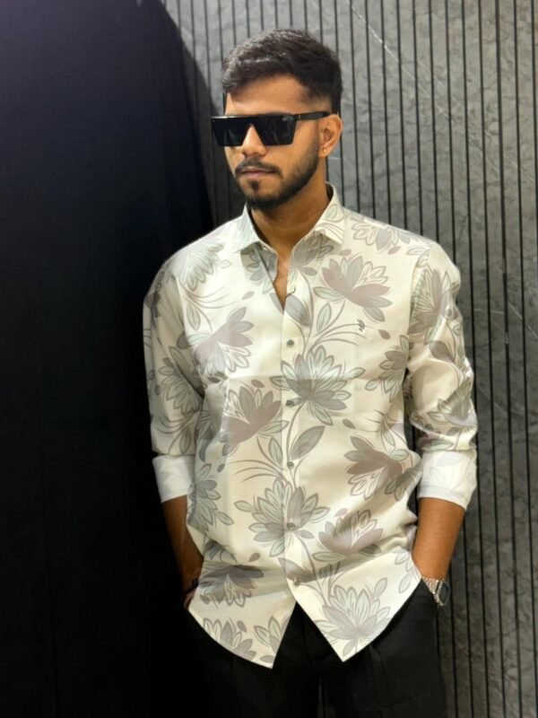 Cream Floral Print Slim Fit Shirt